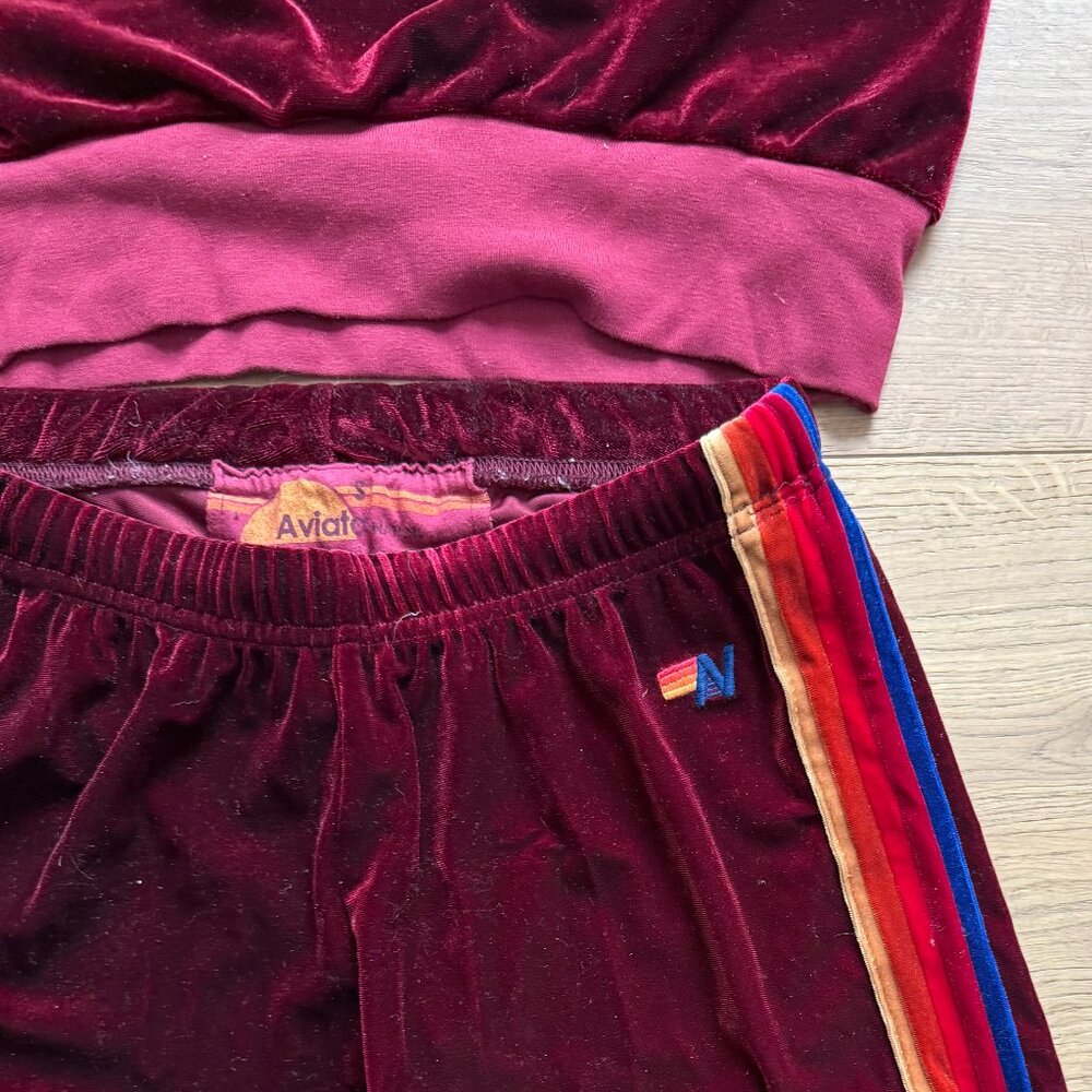 Aviator Nation Burgundy Velvet Rainbow Stripe Tracksuit Set Made in USA - Picture 3 of 6